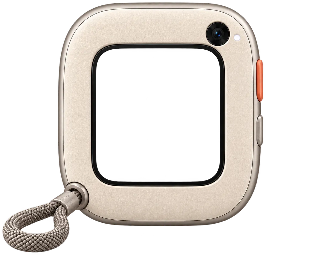 Pocket Fren in Pebble, straight on: a warm stone shell with a braided lanyard, and its face on the screen