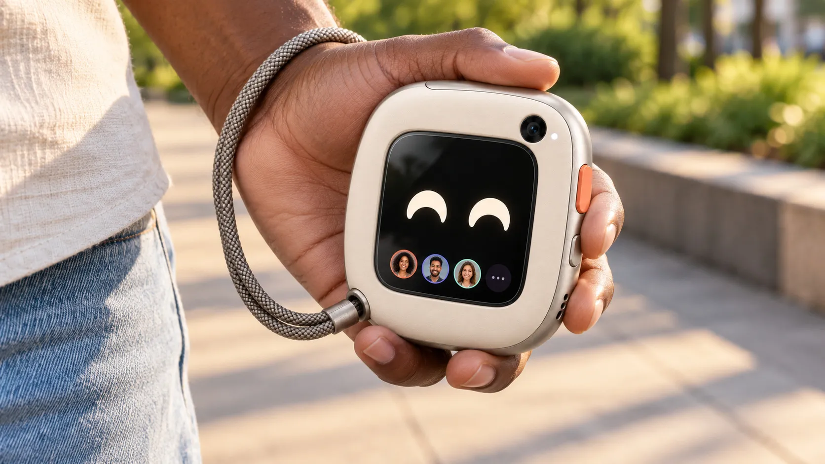 Pocket Fren in Pebble held in one hand on a walk, its braided lanyard round the wrist