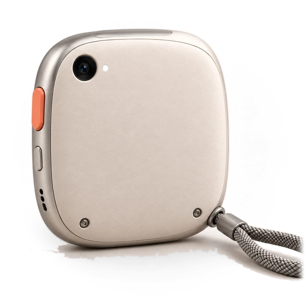 The back of Pocket Fren in Pebble: a smooth, grained shell with two small screws, the coral button on the edge and the lanyard