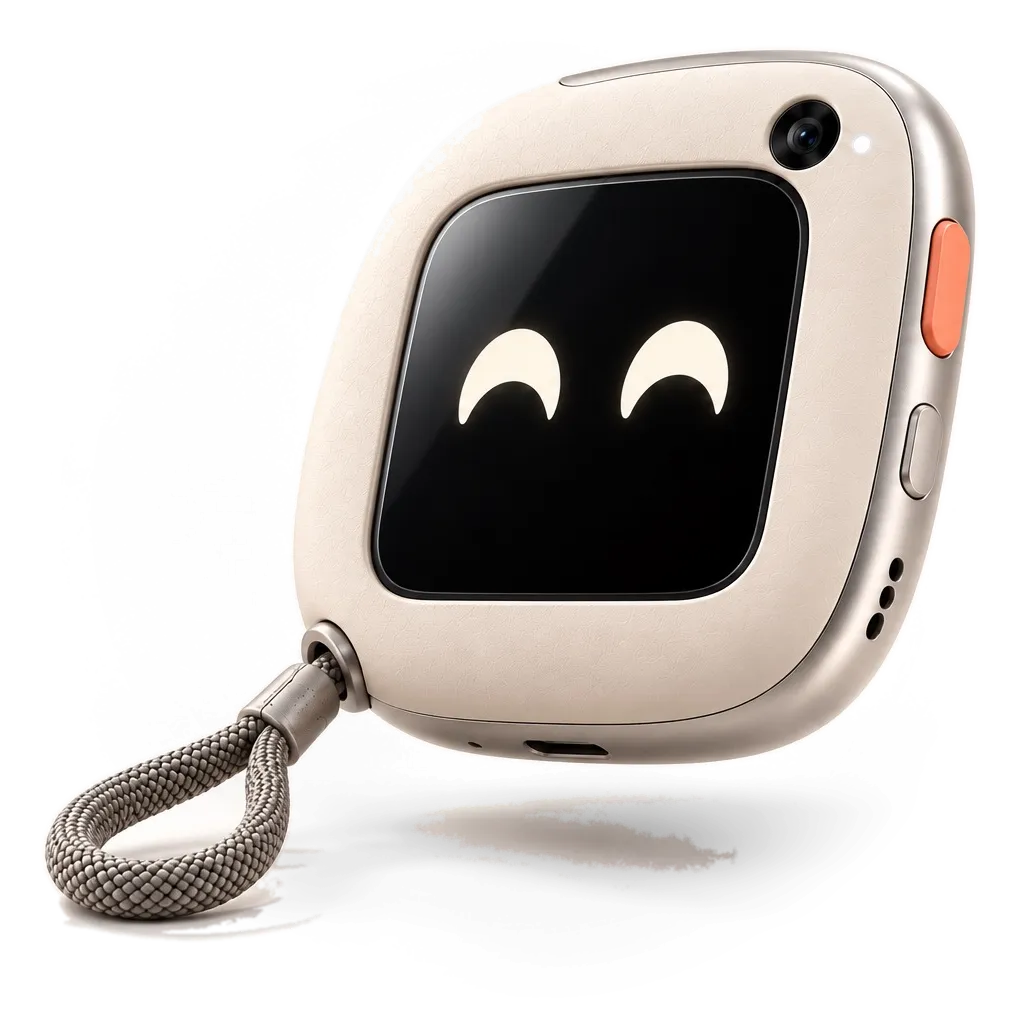 Pocket Fren in Pebble floating at a tilt, showing the USB-C port on its bottom edge and the braided lanyard